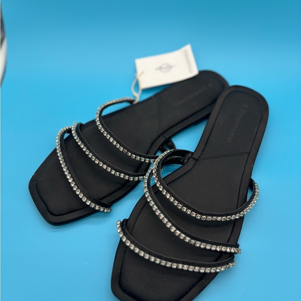 Black Rhinestone Strap Slide Sandals - Women